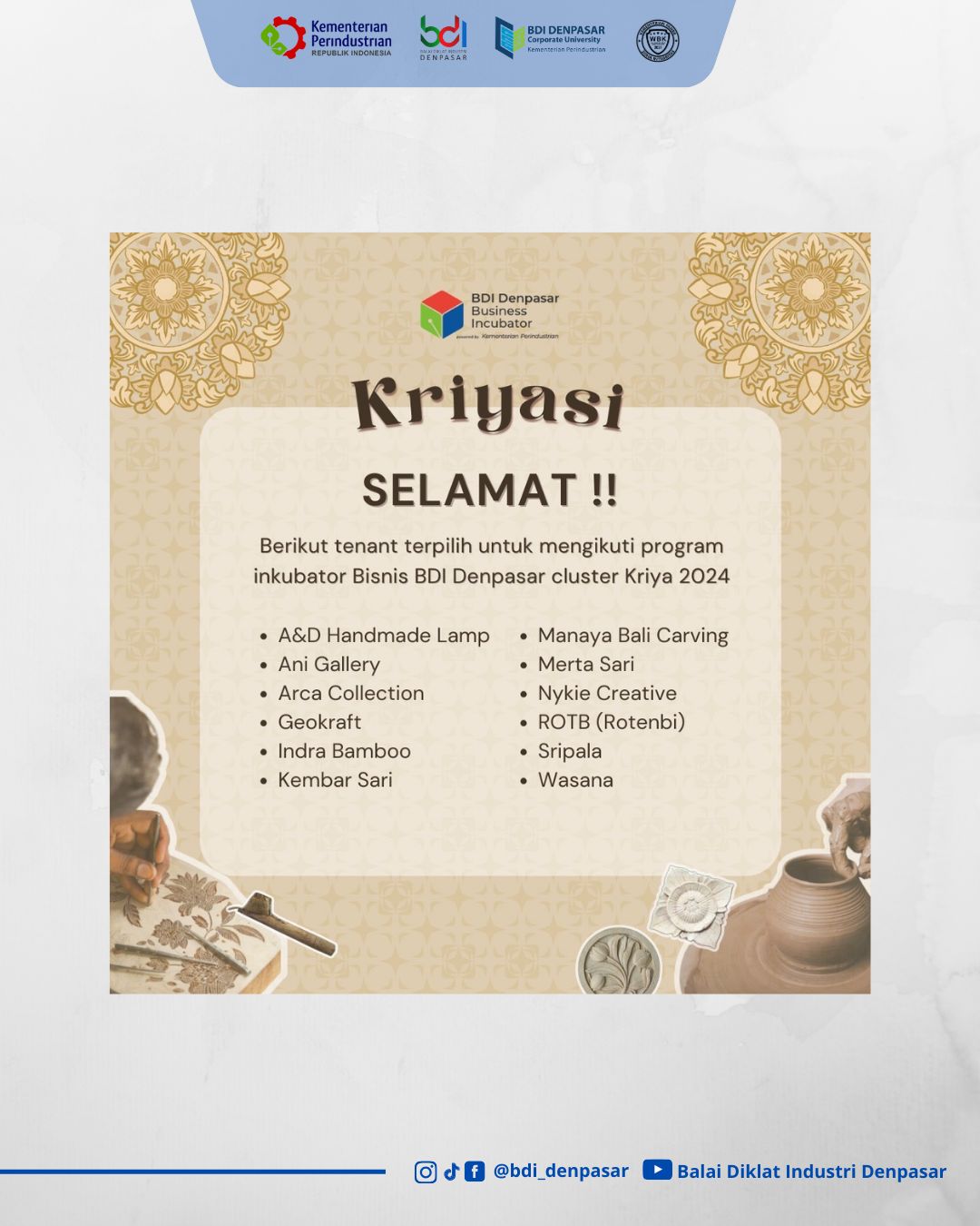 Selamat kepada Tenant Kriya Terpilih!