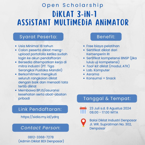 BDI Denpasar membuka Diklat 3 in 1 Assistant Multimedia Animator Angkatan I